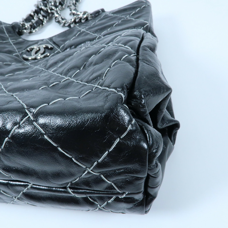 CHANEL 牛皮皮革Wild Stitch Tote銀扣鏈帶手挽袋-6