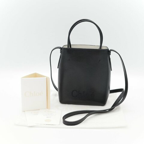 Chloé 蔻依 Sense 經典黑色 拋光小牛皮 微型  立體刺繡 Logo 迷你兩用托特包