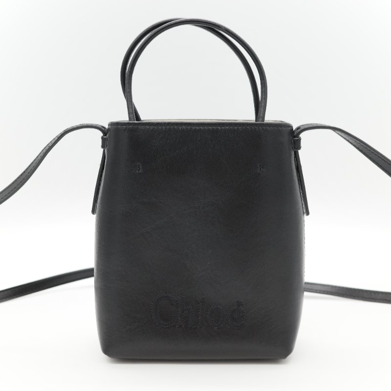 Chloé 蔻依 Sense 經典黑色 拋光小牛皮 微型  立體刺繡 Logo 迷你兩用托特包-1
