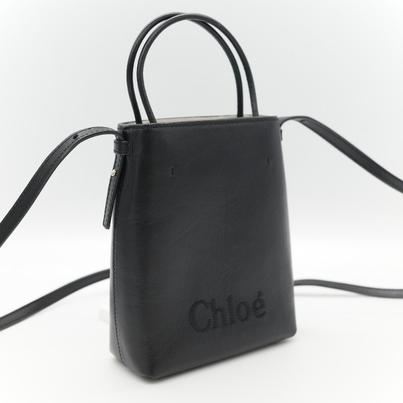 Chloé 蔻依 Sense 經典黑色 拋光小牛皮 微型  立體刺繡 Logo 迷你兩用托特包-2