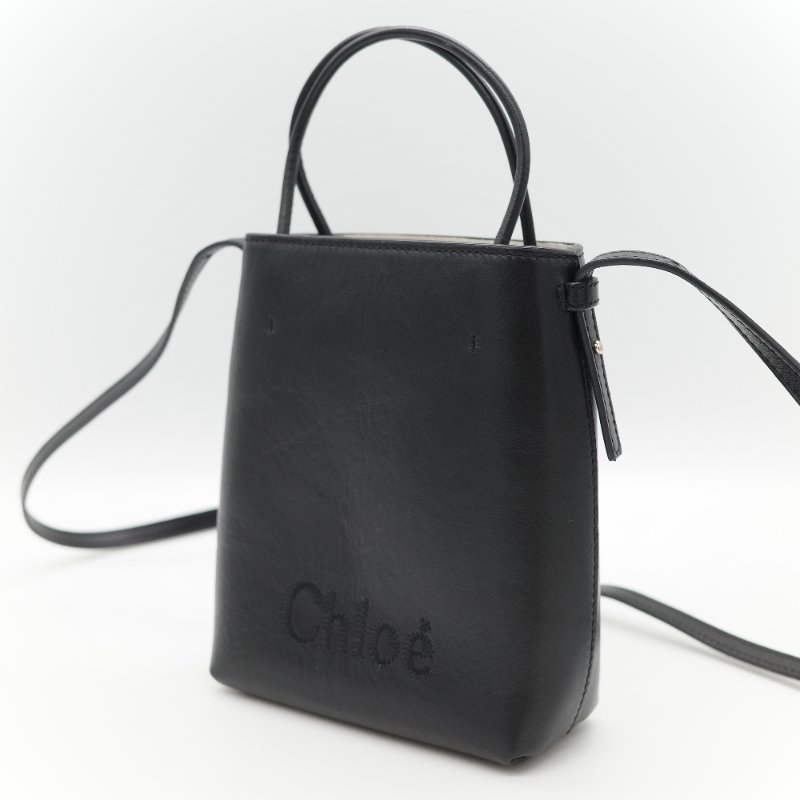Chloé 蔻依 Sense 經典黑色 拋光小牛皮 微型  立體刺繡 Logo 迷你兩用托特包-3