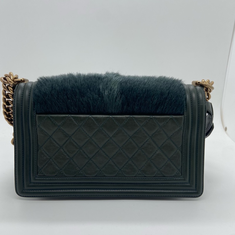 二手Chanel香奈兒Leboy松柏綠馬毛金扣中號鏈條包，鐳射21開，邊角內里五金有划痕-1