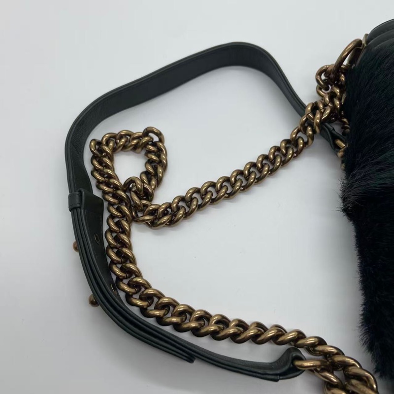 二手Chanel香奈兒Leboy松柏綠馬毛金扣中號鏈條包，鐳射21開，邊角內里五金有划痕-5