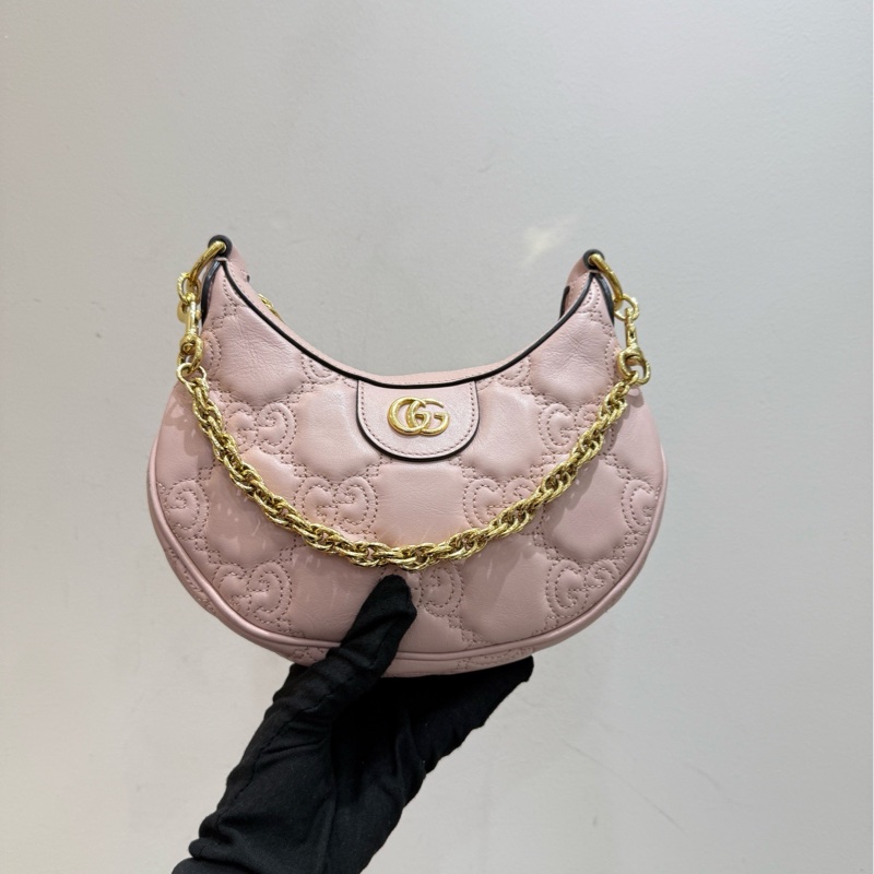 Gucci/古馳 粉色金扣牛皮月亮包半月斜挎包小號 底長21cm-1