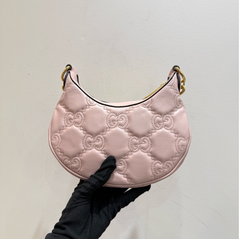 Gucci/古馳 粉色金扣牛皮月亮包半月斜挎包小號 底長21cm-2