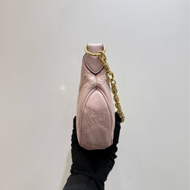 Gucci/古馳 粉色金扣牛皮月亮包半月斜挎包小號 底長21cm-3