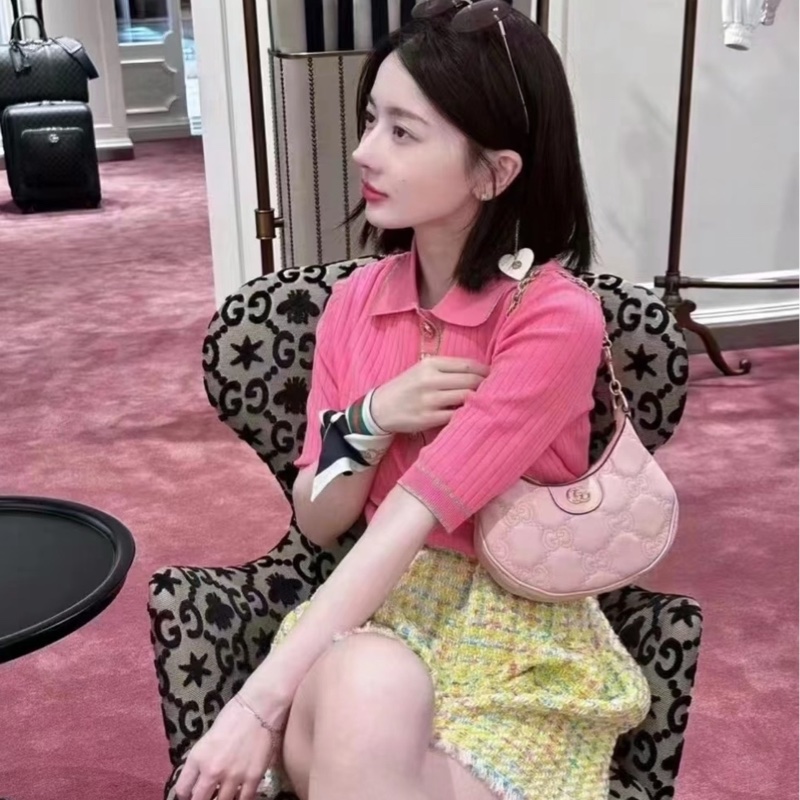 Gucci/古馳 粉色金扣牛皮月亮包半月斜挎包小號 底長21cm-6