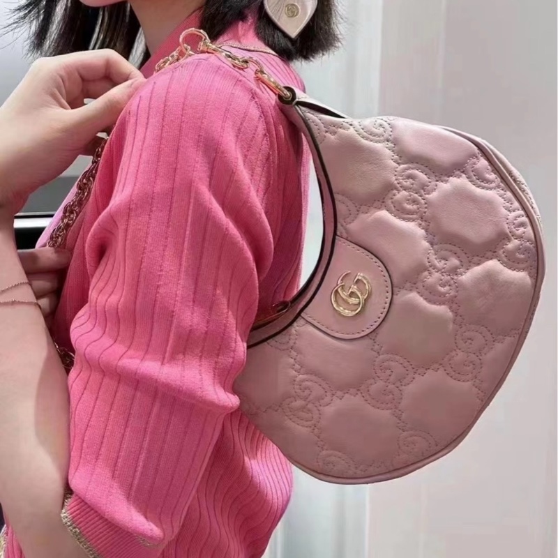 Gucci/古馳 粉色金扣牛皮月亮包半月斜挎包小號 底長21cm-7
