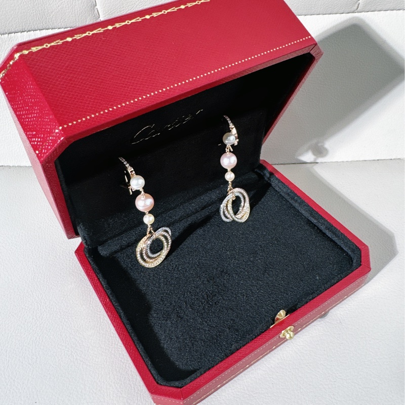 Cartier卡地亞 三色金三環滿鑽珍珠耳環-2