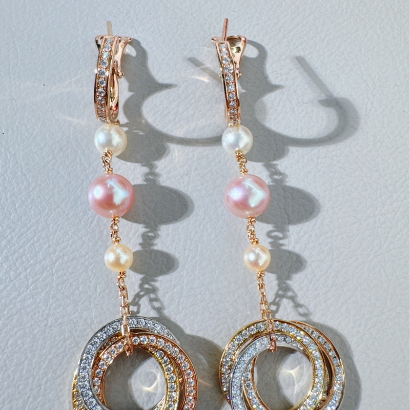 Cartier卡地亞 三色金三環滿鑽珍珠耳環-4