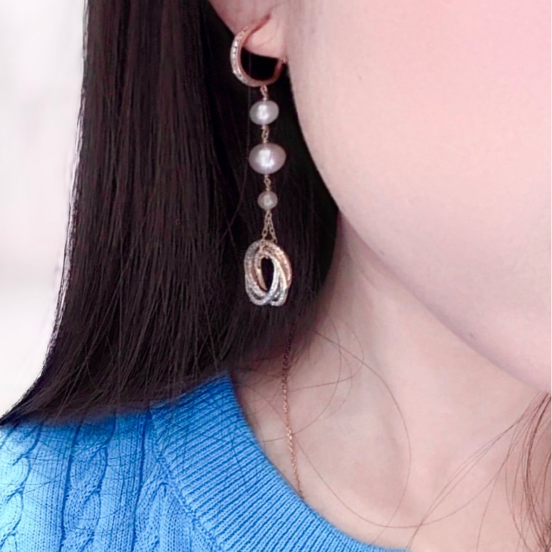 Cartier卡地亞 三色金三環滿鑽珍珠耳環-7