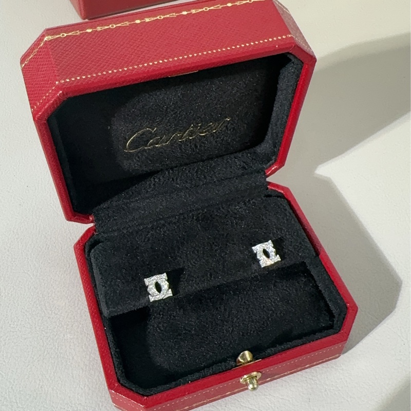 Carier卡地亞 雙C logo 18k白金滿鑽耳釘耳環-1
