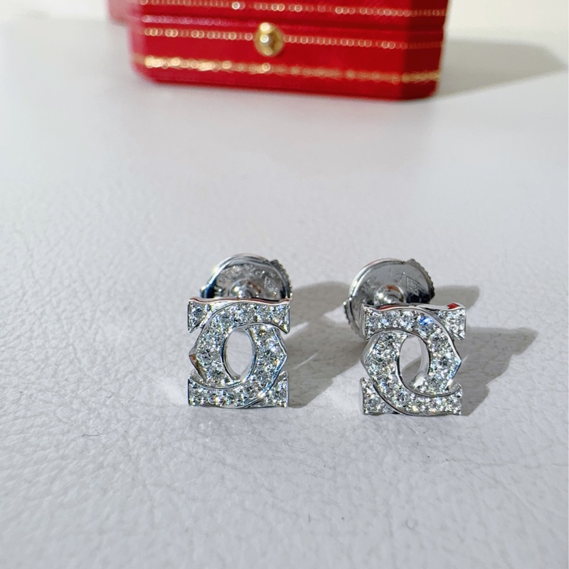 Carier卡地亞 雙C logo 18k白金滿鑽耳釘耳環-3