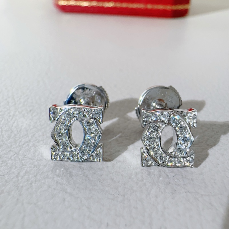 Carier卡地亞 雙C logo 18k白金滿鑽耳釘耳環-4
