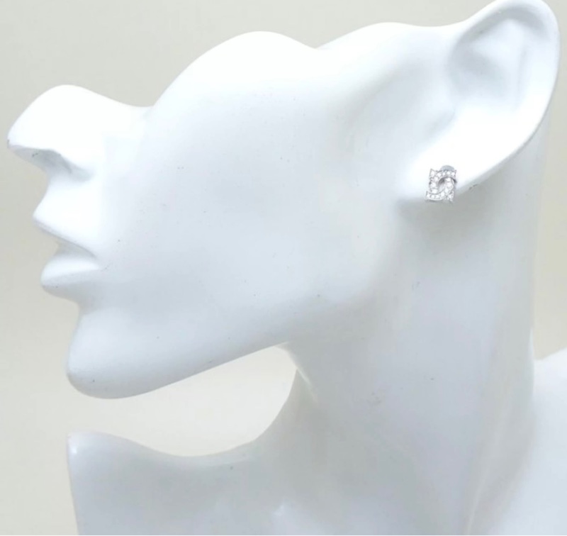 Carier卡地亞 雙C logo 18k白金滿鑽耳釘耳環-6