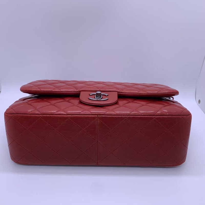 二手Chanel香奈兒jumbo紅色羊皮雙蓋銀扣鏈條包，邊角內里有磨損划痕五金有划痕，具體如圖，鐳射15開-2