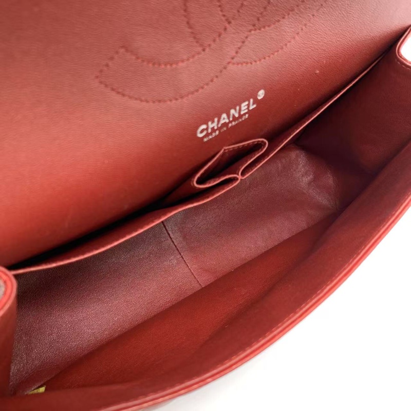 二手Chanel香奈兒jumbo紅色羊皮雙蓋銀扣鏈條包，邊角內里有磨損划痕五金有划痕，具體如圖，鐳射15開-3