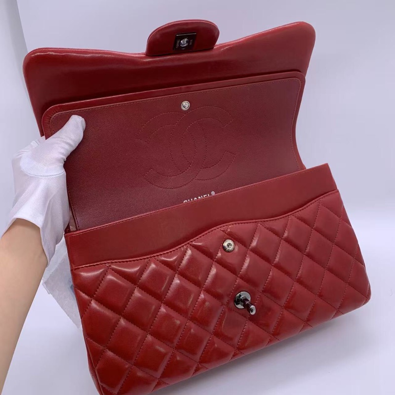 二手Chanel香奈兒jumbo紅色羊皮雙蓋銀扣鏈條包，邊角內里有磨損划痕五金有划痕，具體如圖，鐳射15開-4