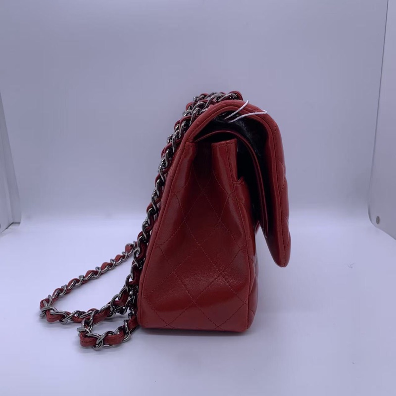 二手Chanel香奈兒jumbo紅色羊皮雙蓋銀扣鏈條包，邊角內里有磨損划痕五金有划痕，具體如圖，鐳射15開-6