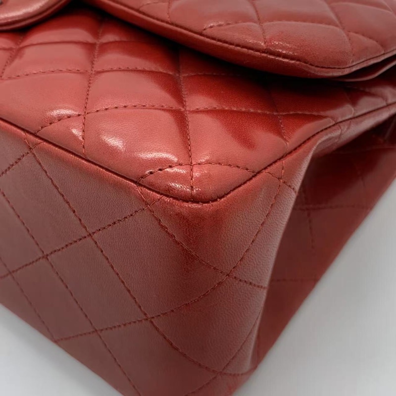 二手Chanel香奈兒jumbo紅色羊皮雙蓋銀扣鏈條包，邊角內里有磨損划痕五金有划痕，具體如圖，鐳射15開-8