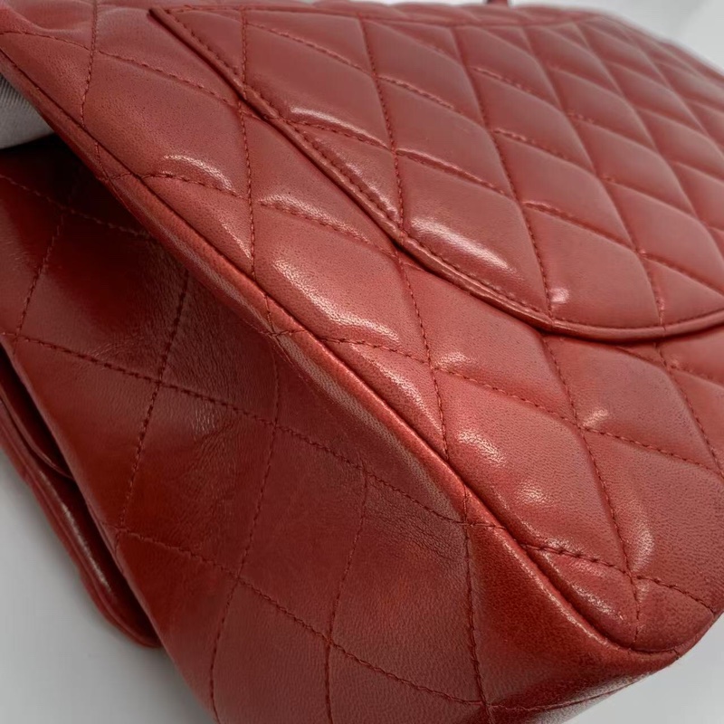 二手Chanel香奈兒jumbo紅色羊皮雙蓋銀扣鏈條包，邊角內里有磨損划痕五金有划痕，具體如圖，鐳射15開-11