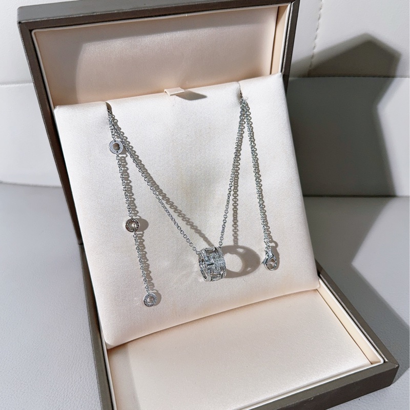 Bvlgari寶格麗 parentesi系列 白金回形針滿鑽鏤空項鍊-3