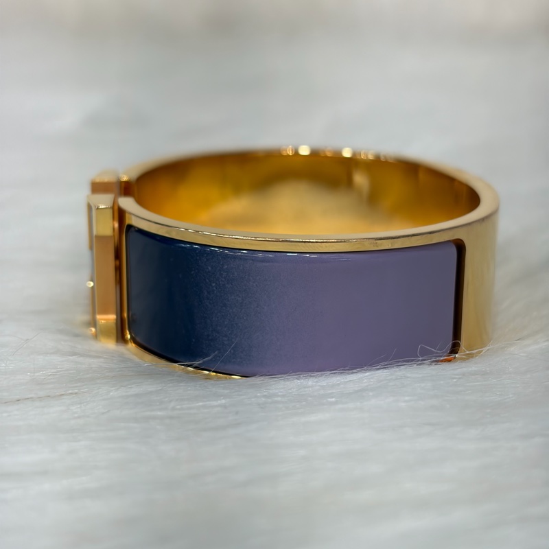 HERMES  金色 丁香紫 艷藍 琺瑯 CLIC H LOGO 寬版 手環 手鐲-3
