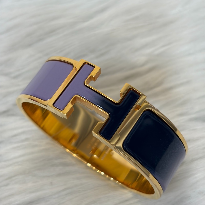 HERMES  金色 丁香紫 艷藍 琺瑯 CLIC H LOGO 寬版 手環 手鐲-4