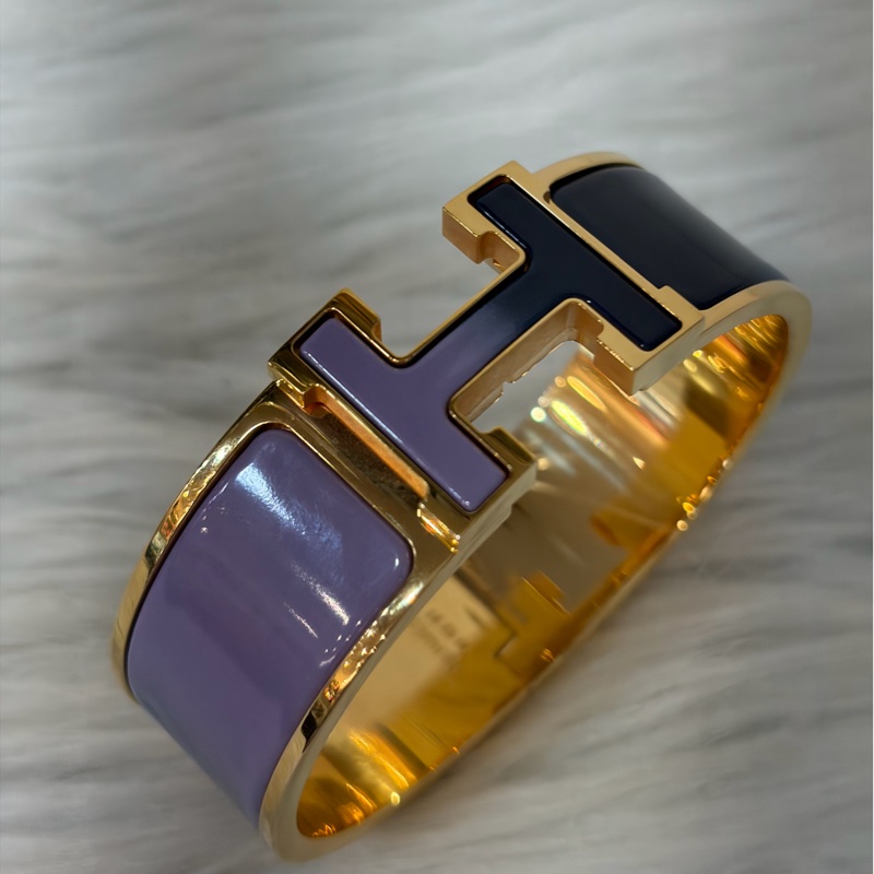 HERMES  金色 丁香紫 艷藍 琺瑯 CLIC H LOGO 寬版 手環 手鐲-5