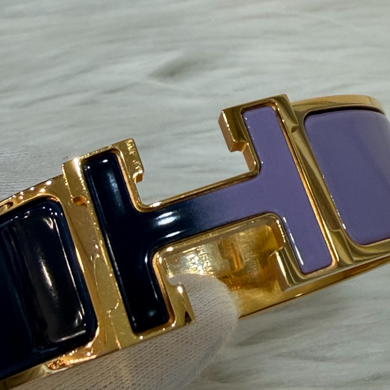 HERMES  金色 丁香紫 艷藍 琺瑯 CLIC H LOGO 寬版 手環 手鐲-6