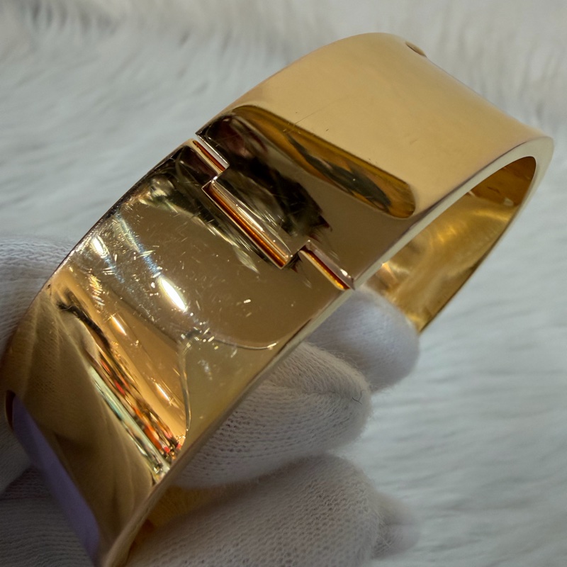 HERMES  金色 丁香紫 艷藍 琺瑯 CLIC H LOGO 寬版 手環 手鐲-11