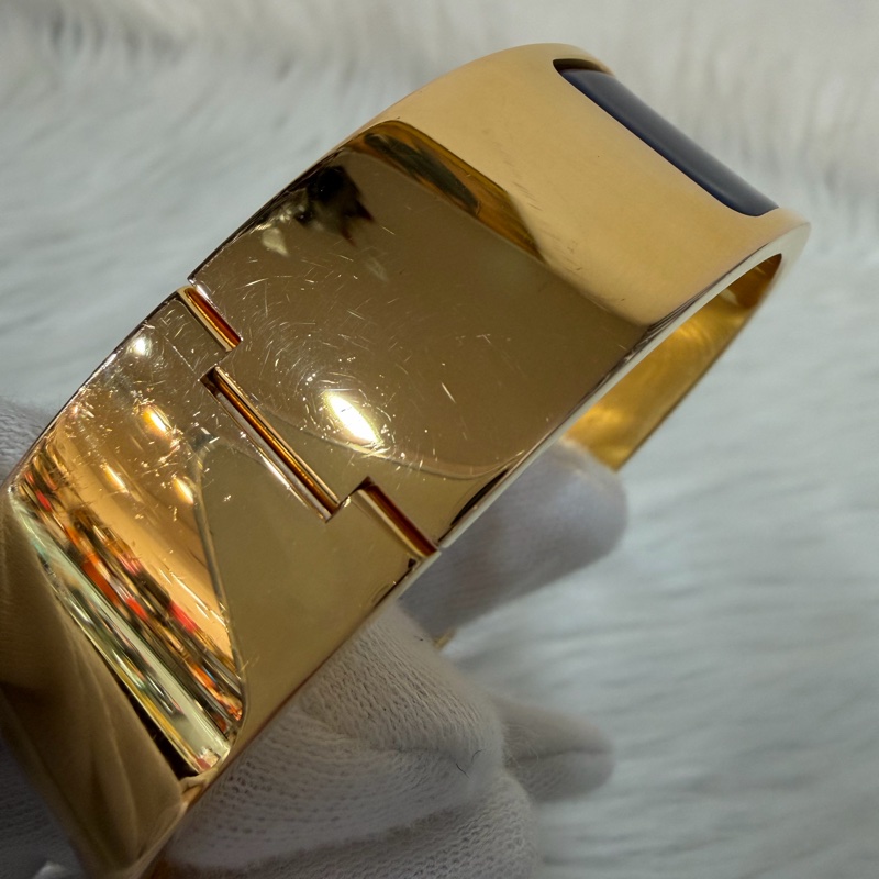 HERMES  金色 丁香紫 艷藍 琺瑯 CLIC H LOGO 寬版 手環 手鐲-12