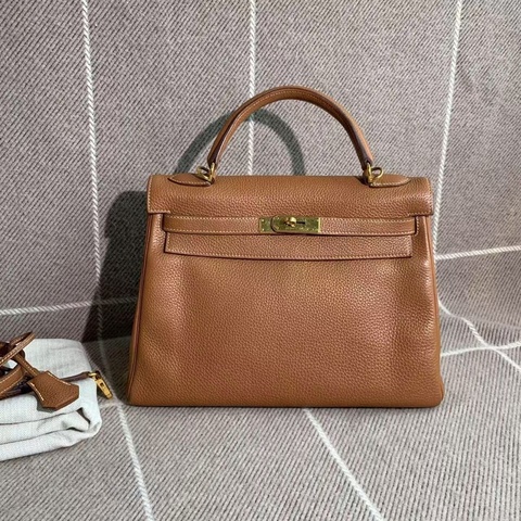 Hermes愛馬仕Kelly32金棕色Togo皮金扣O刻