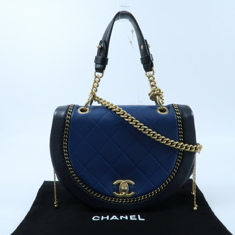 CHANEL 牛皮皮革Chain Shoulder金扣鏈帶手挽肩背兩用袋-18