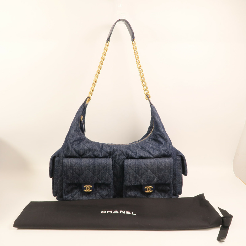 CHANEL 牛仔布C25 Hobo金扣鏈帶肩背袋-9