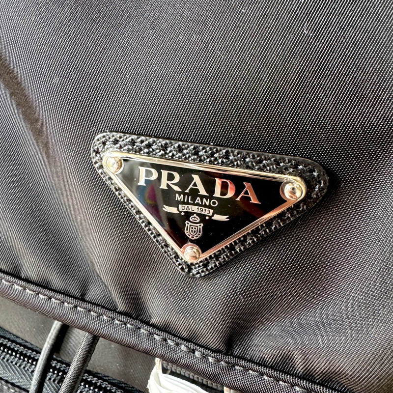 PRADA 黑色 尼龍 雙口袋 銀三角牌 釦式 雙肩包 後背包 1BZ005-5