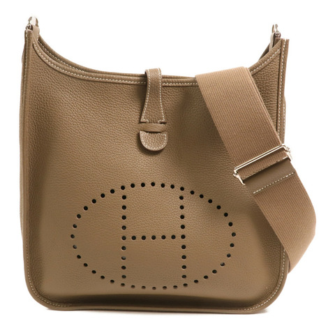 HERMES 【Hermes Fair】Clemence皮革Evelyne PM銀扣肩背袋Etoupe