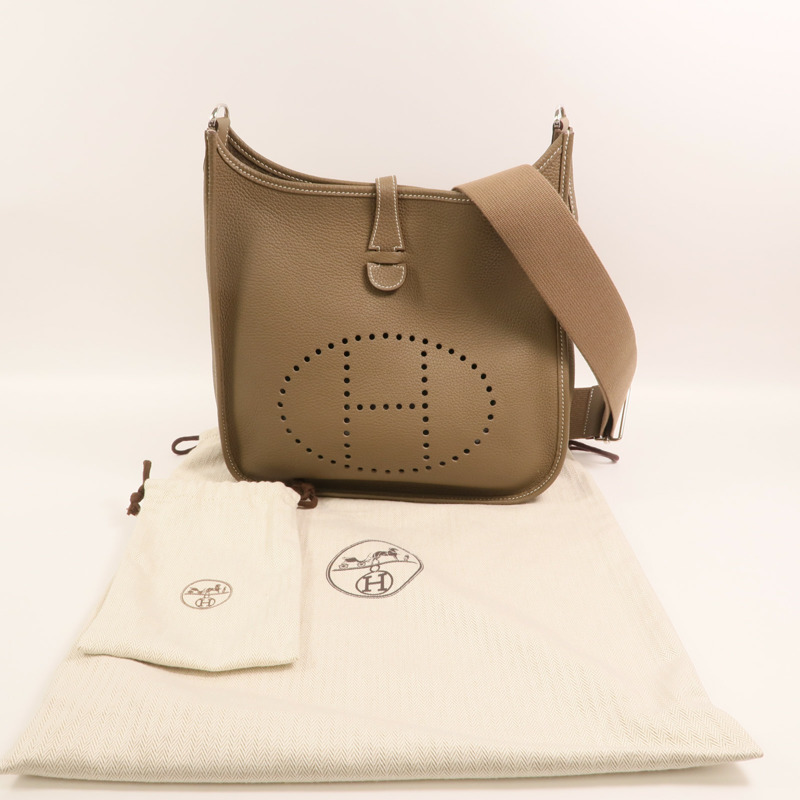 HERMES 【Hermes Fair】Clemence皮革Evelyne PM銀扣肩背袋Etoupe-10