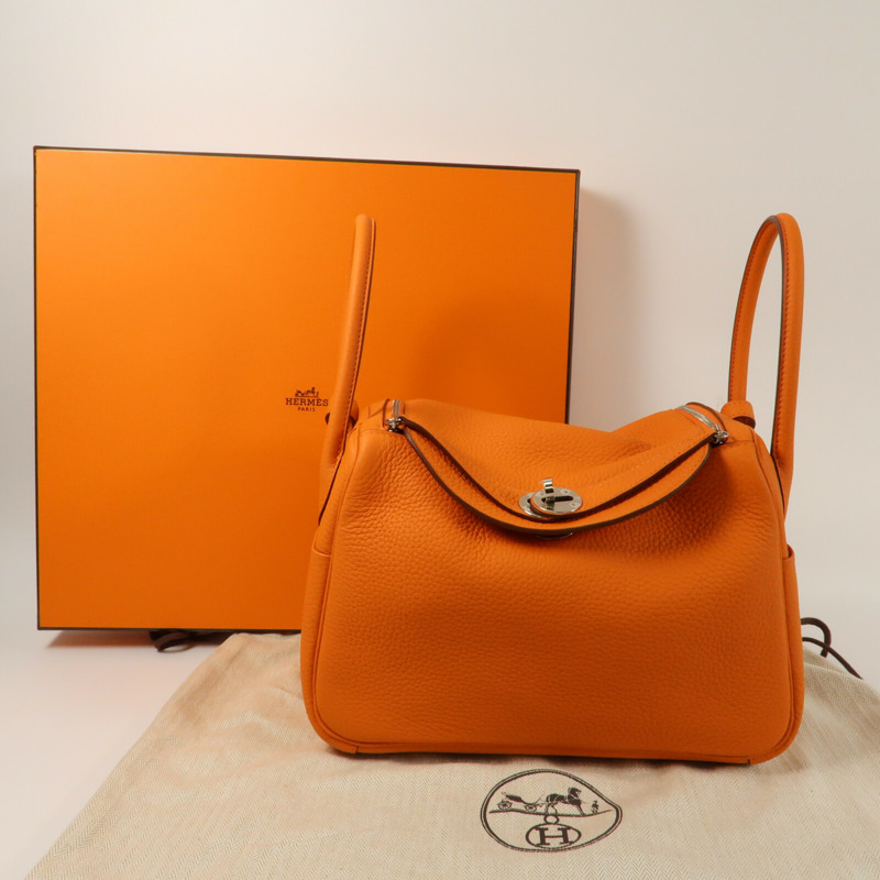 HERMES 【Hermes Fair】Clemence皮革Lindy 26銀扣手挽肩背兩用袋Orange-13