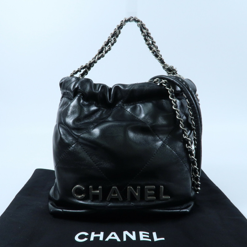 CHANEL 牛皮皮革Mini 22銀扣手挽肩背兩用袋-14