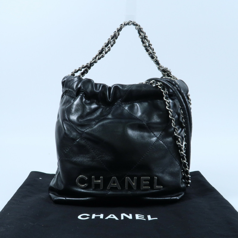CHANEL 牛皮皮革Mini 22銀扣手挽肩背兩用袋-15