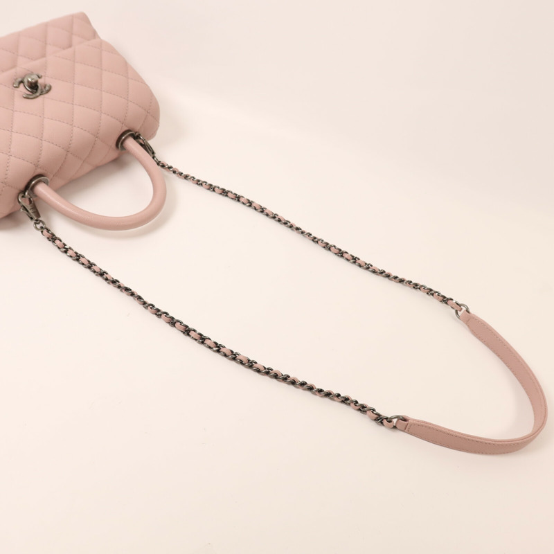 CHANEL 牛皮皮革Coco Handle銀扣鏈帶手挽肩背兩用袋-7