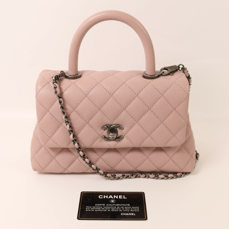 CHANEL 牛皮皮革Coco Handle銀扣鏈帶手挽肩背兩用袋-9