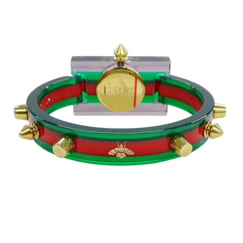 Gucci 女士手錶，復古網頁設計，鏤空，石英機芯，壓克力，手鐲，方形，鉚釘，YA143505。-3