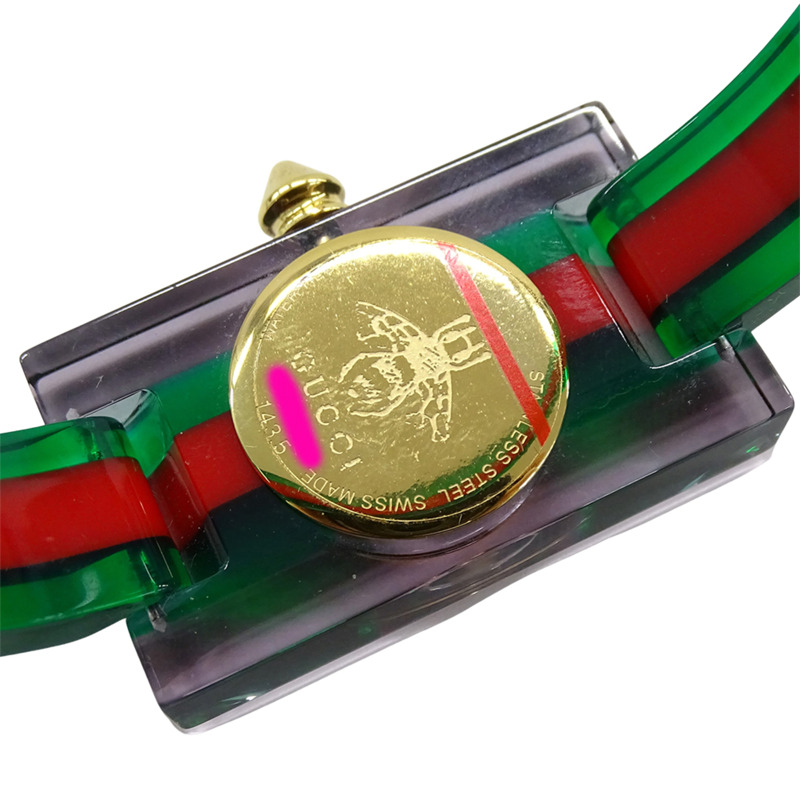 Gucci 女士手錶，復古網頁設計，鏤空，石英機芯，壓克力，手鐲，方形，鉚釘，YA143505。-5