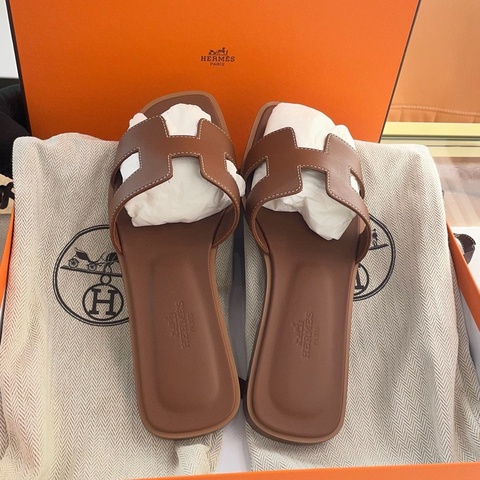 閒置新 HERMES愛馬仕 Oran 平底H一字拖鞋 女款 深棕色/金棕色 經典款 36碼