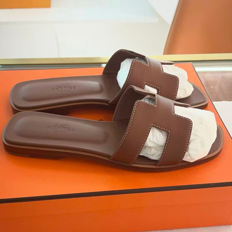 閒置新 HERMES愛馬仕 Oran 平底H一字拖鞋 女款 深棕色/金棕色 經典款 36碼-1