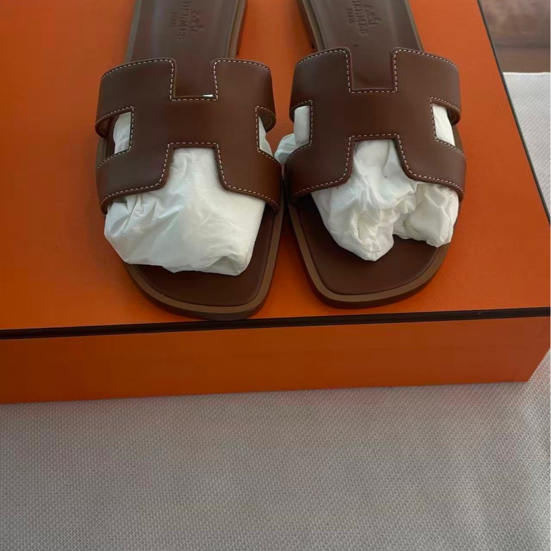 閒置新 HERMES愛馬仕 Oran 平底H一字拖鞋 女款 深棕色/金棕色 經典款 36碼-2