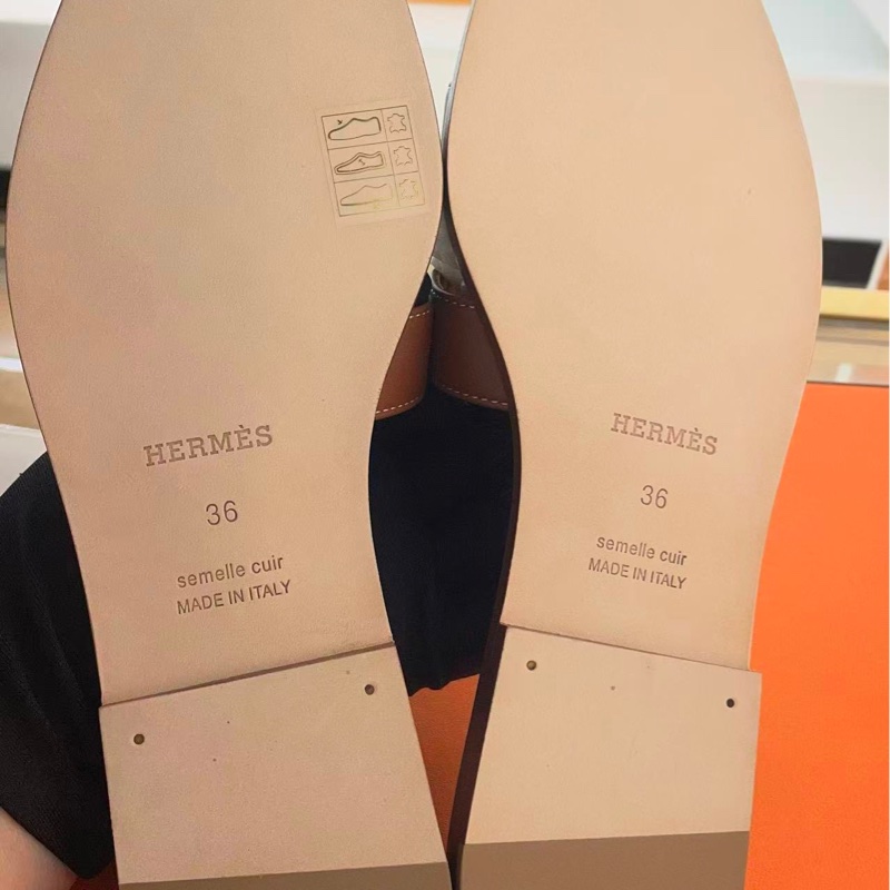 閒置新 HERMES愛馬仕 Oran 平底H一字拖鞋 女款 深棕色/金棕色 經典款 36碼-3