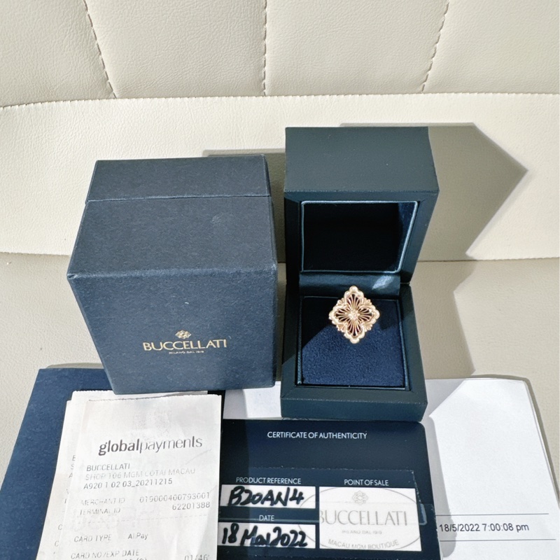 BUCCELLATI布契拉提 Opera tulle歌劇院系列 18K黃金鑲嵌黑瑪瑙四葉草戒指，大號，52 號-0